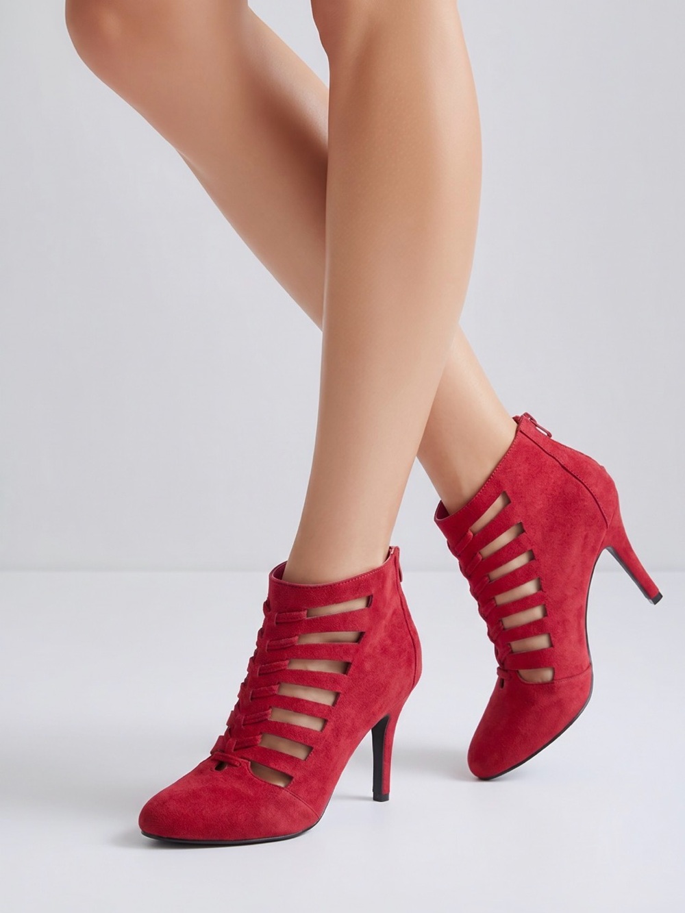 Sasha Women’s 7.5M Burgundy Faux Suede Strappy Cutout Ankle Booties AlmondHeels